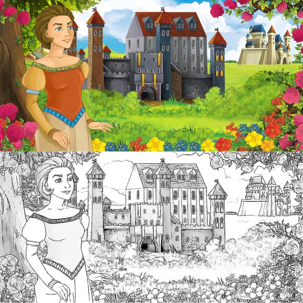 Karikatür doğa eskiz sahnesi. Ormanın yakınında güzel kaleler ve güzel genç bir kız. Çocuklar için çizimler.