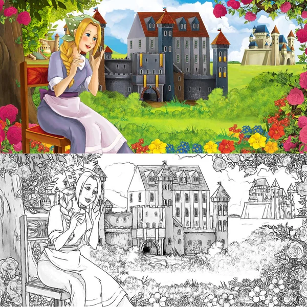 森林附近有漂亮城堡的卡通自然草图场景 有漂亮的小女孩 给孩子们的插图 — 图库照片