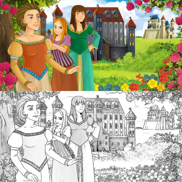 Karikatür doğa eskiz sahnesi. Ormanın yakınında güzel kaleler ve güzel genç bir kız. Çocuklar için çizimler.