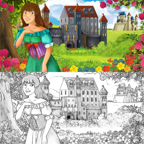 Karikatür doğa eskiz sahnesi. Ormanın yakınında güzel kaleler ve güzel genç bir kız. Çocuklar için çizimler.