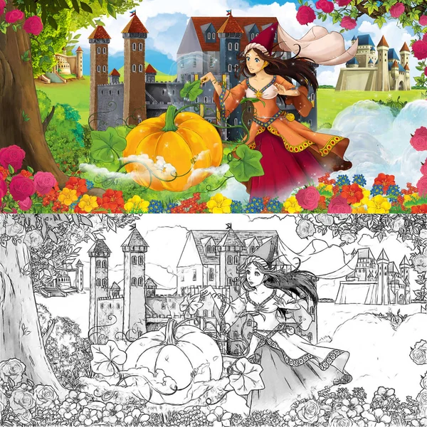 Karikatür doğa eskiz sahnesi. Ormanın yakınında güzel kaleler ve güzel genç bir kız. Çocuklar için çizimler.