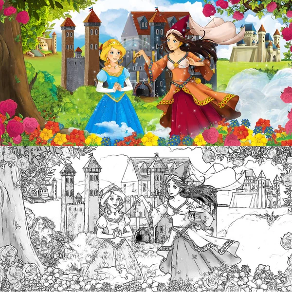 Karikatür doğa eskiz sahnesi. Ormanın yakınında güzel kaleler ve güzel genç bir kız. Çocuklar için çizimler.