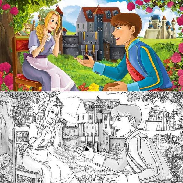 Karikatür doğa eskiz sahnesi. Ormanın yakınında güzel kaleler, içinde güzel genç bir kız ve prens var. Çocuklar için illüstrasyon.