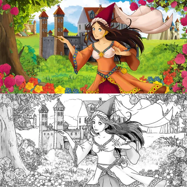 Karikatür doğa eskiz sahnesi. Ormanın yakınında güzel kaleler ve güzel genç bir kız. Çocuklar için çizimler.