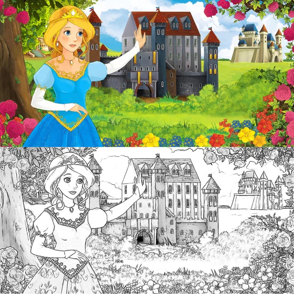Cartoon Nature Sketch Scene Beautiful Castles Forest Beautiful Young Girl — Stock Photo, Image