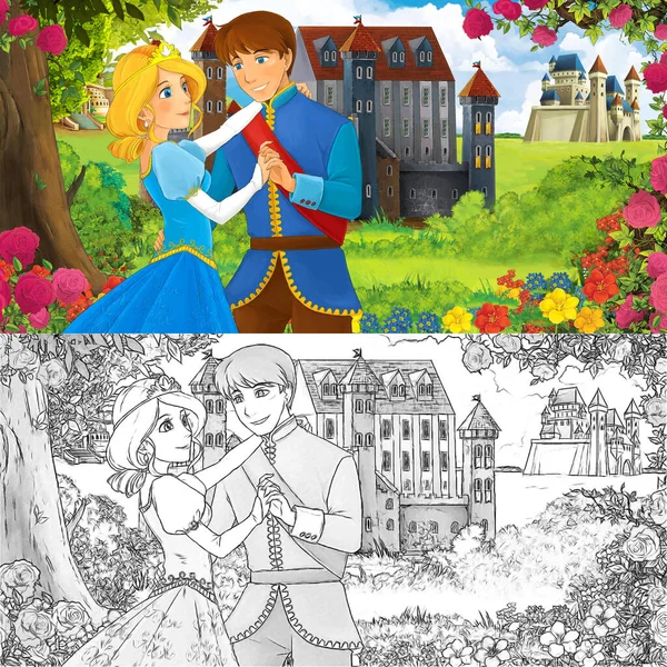 만화에 나오는 경관과 근처의 아름다운 성채들이 아름다운 소녀와 아이들을 왕자의 — 스톡 사진