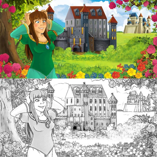 Karikatür doğa eskiz sahnesi. Ormanın yakınında güzel kaleler ve güzel genç bir kız. Çocuklar için çizimler.