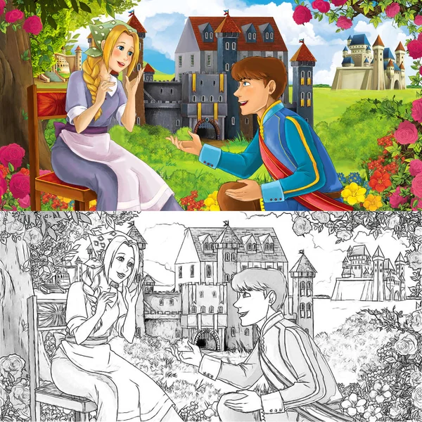 Karikatür doğa eskiz sahnesi. Ormanın yakınında güzel kaleler, içinde güzel genç bir kız ve prens var. Çocuklar için illüstrasyon.