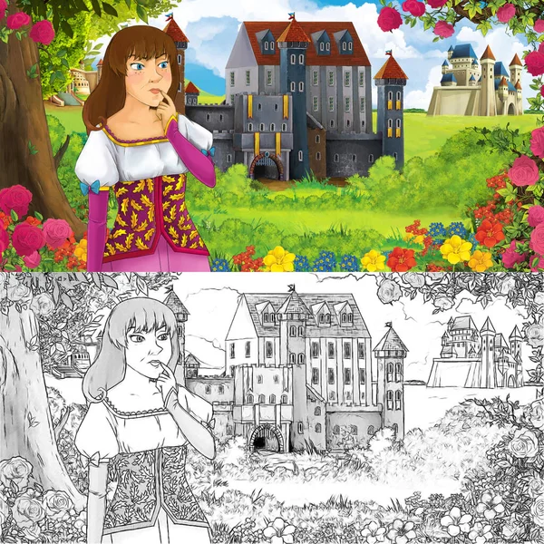 Karikatür doğa eskiz sahnesi. Ormanın yakınında güzel kaleler ve güzel genç bir kız. Çocuklar için çizimler.