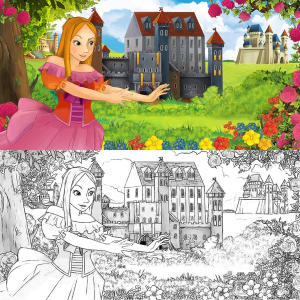 森林附近有漂亮城堡的卡通自然草图场景 有漂亮的小女孩 给孩子们的插图 — 图库照片