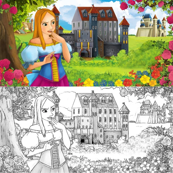 Karikatür doğa eskiz sahnesi. Ormanın yakınında güzel kaleler ve güzel genç bir kız. Çocuklar için çizimler.