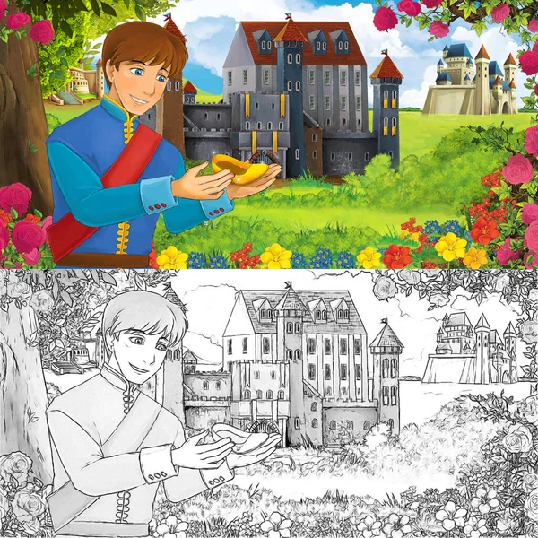 Karikatür doğa eskiz sahnesi, orman prensinin yanında güzel kaleler, çocuklar için çizimler.
