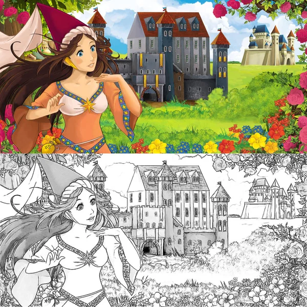 Karikatür doğa eskiz sahnesi. Ormanın yakınında güzel kaleler ve güzel genç bir kız. Çocuklar için çizimler.