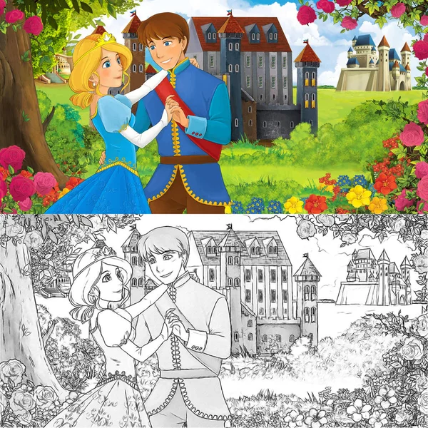 Karikatür doğa eskiz sahnesi. Ormanın yakınında güzel kaleler, içinde güzel genç bir kız ve prens var. Çocuklar için illüstrasyon.