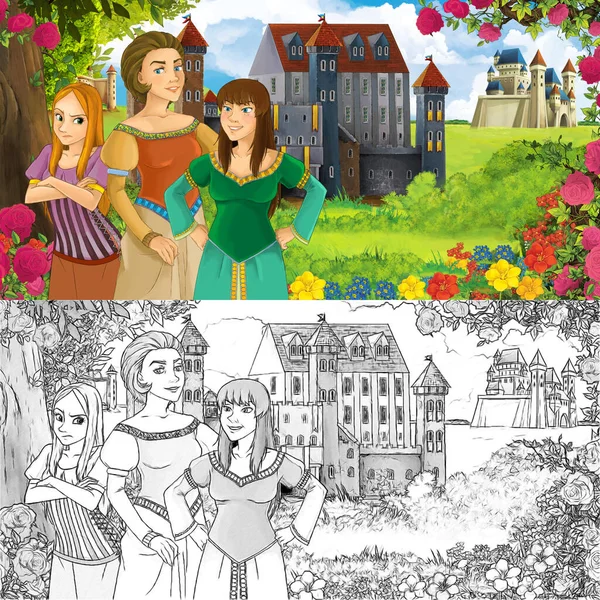 Cartoon nature sketch scene with beautiful castles near the forest with beautiful young girl - illustration for the children