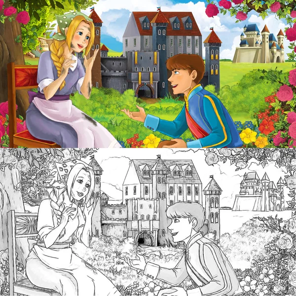 Karikatür doğa eskiz sahnesi. Ormanın yakınında güzel kaleler, içinde güzel genç bir kız ve prens var. Çocuklar için illüstrasyon.