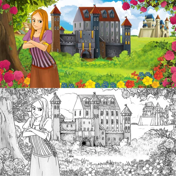 Karikatür doğa eskiz sahnesi. Ormanın yakınında güzel kaleler ve güzel genç bir kız. Çocuklar için çizimler.