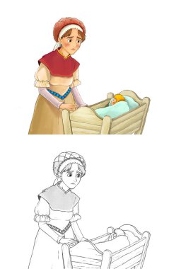 çizgi film karakteri - çiftlik kadını ayakta ve bebek beşiği ya da beşiğe bakıyor - çocuklar için çizim