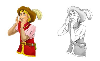 Beyaz arka planda güzel ve yakışıklı prensin olduğu karikatür sahnesi - çocuklar için illüstrasyon