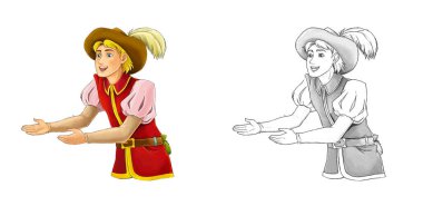 Çizgi film karakteri - asilzade ayakta durup anlatıyor - Mutlu prens bakıyor ve gülümsüyor - çocuklar için illüstrasyon