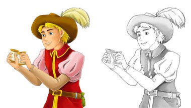 Beyaz arka planda güzel ve yakışıklı prensin olduğu karikatür eskiz sahnesi - çocuklar için çizim