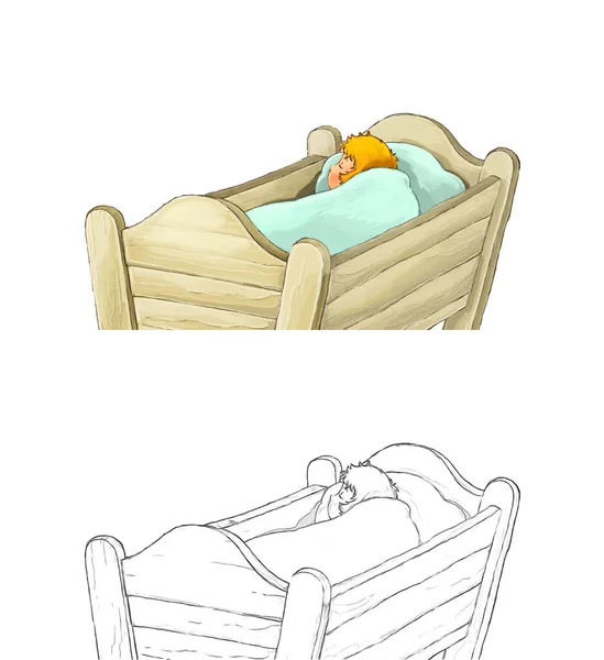 Cartone Animato Schizzo Personaggio Fiabesco Bambino Culla Legno Sfondo Bianco — Foto Stock