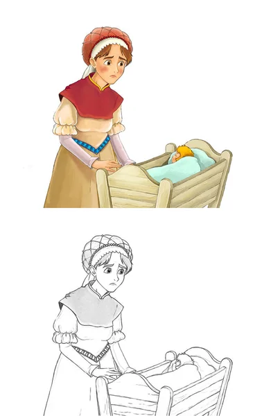 Cartoon Sketch Fairy Tale Character Farm Woman Standing Looking Baby — Stock Photo, Image