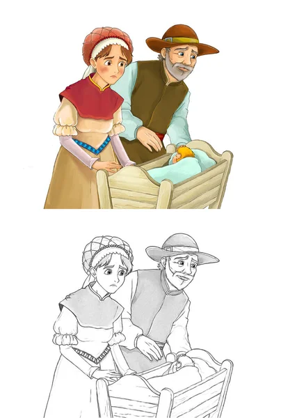 卡通人物童话故事 中世纪农民的丈夫和妻子在他们的婴儿身边 白色背景的木制摇篮 儿童插图 — 图库照片
