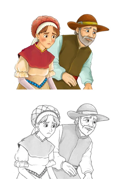 Cartoon Sketch Fairy Tale Characters Medieval Farmers Husband Wife Baby — Stock Photo, Image