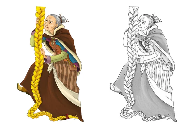 卡通人物素描 坏巫婆或女巫爬在用白发做的绳子上 儿童插图 — 图库照片