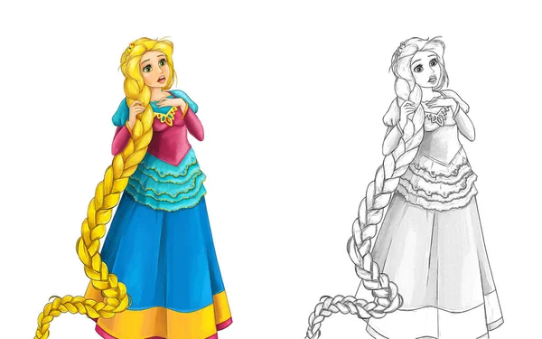 Zeichentricksketch Märchenfigur Glückliche Prinzessin Steht Überrascht Illustration Für Kinder — Stockfoto