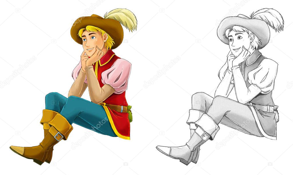 cartoon sketch scene with beautiful and handsome prince on white background - illustration for children