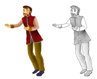 Beyaz arka planda yakışıklı prensin olduğu karikatür sahnesi - çocuklar için illüstrasyon