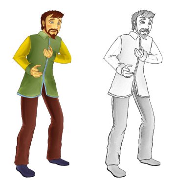 Beyaz arka planda yakışıklı prensin olduğu karikatür sahnesi - çocuklar için illüstrasyon