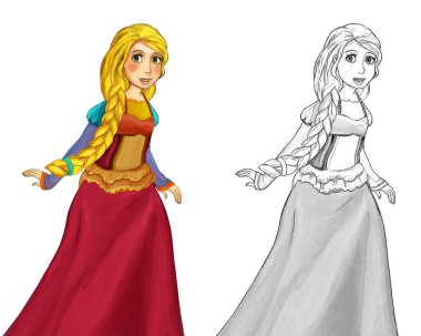 Beyaz arka planda güzel prensesin olduğu karikatür sahnesi - çocuklar için illüstrasyon