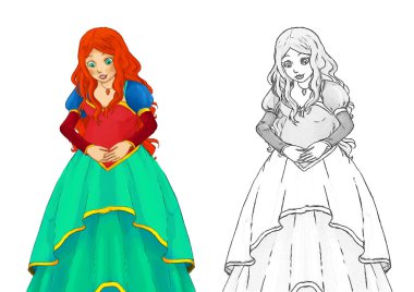 Beyaz arka planda güzel prensesin olduğu karikatür sahnesi - çocuklar için illüstrasyon