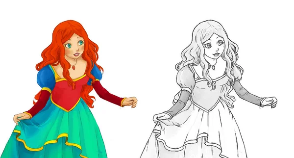 Dessin Animé Scène Croquis Avec Belle Princesse Sur Fond Blanc — Photo