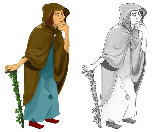 Cartoon Sketch Fairy Tale Character Old Witch Standing Looking Illustration — Stock Photo, Image