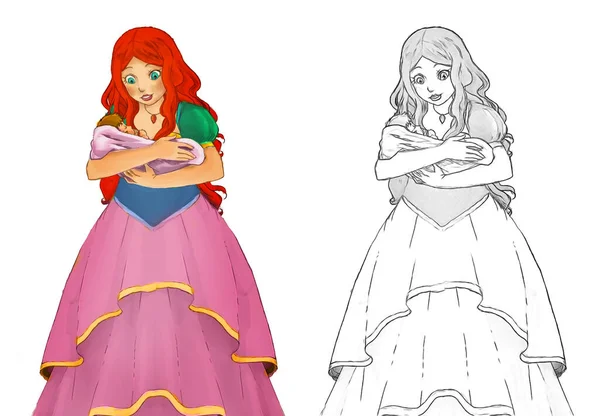 Dessin Animé Scène Croquis Avec Belle Princesse Sur Fond Blanc — Photo