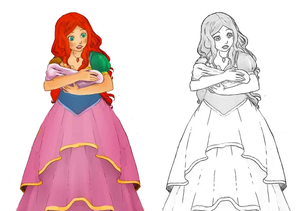 Dessin Animé Scène Croquis Avec Belle Princesse Sur Fond Blanc — Photo