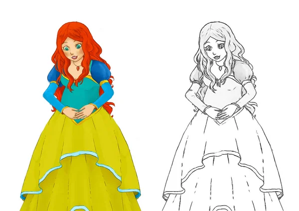 Kreslený Náčrtek Scény Krásnou Princeznou Bílém Pozadí Ilustrace Pro Děti — Stock fotografie