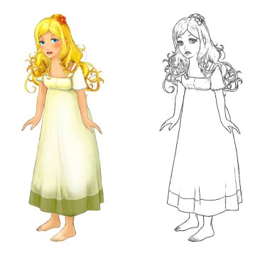 Beyaz arka planda güzel prensesin olduğu karikatür sahnesi - çocuklar için illüstrasyon