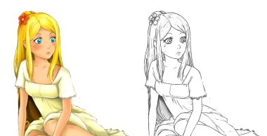 Beyaz arka planda güzel prensesin olduğu karikatür sahnesi - çocuklar için illüstrasyon