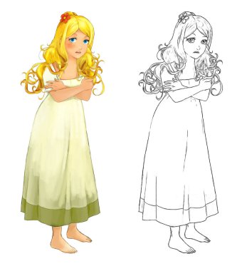 Beyaz arka planda güzel prensesin olduğu karikatür sahnesi - çocuklar için illüstrasyon