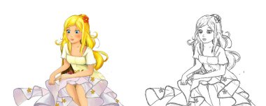 Beyaz arka planda güzel prensesin olduğu karikatür sahnesi - çocuklar için illüstrasyon