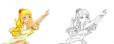 Beyaz arka planda güzel prensesin olduğu karikatür sahnesi - çocuklar için illüstrasyon