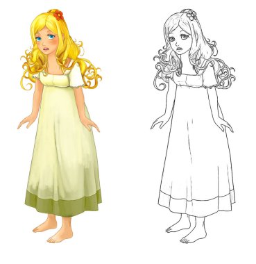 Beyaz arka planda güzel prensesin olduğu karikatür sahnesi - çocuklar için illüstrasyon