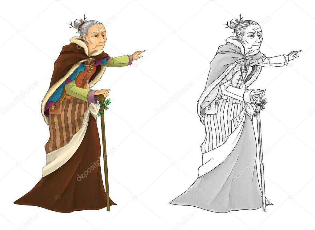 cartoon sketch fairy tale character - old witch standing and looking - illustration for children