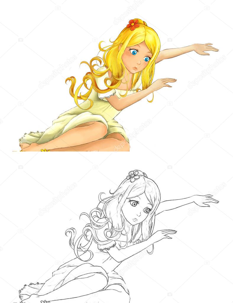 cartoon sketch scene with beautiful princess on white background - illustration for children