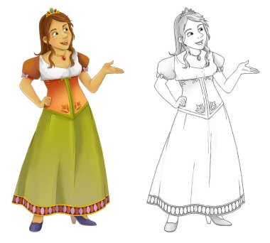 Beyaz arka planda güzel prensesin olduğu karikatür sahnesi - çocuklar için illüstrasyon